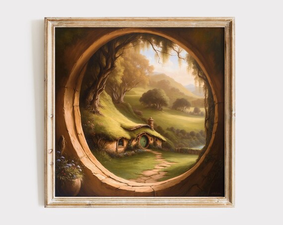 Hobbit Style Round Door Cottage Green Hills Fantasy Wall Poster