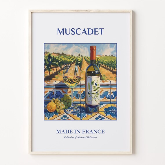 Muscadet French White Wine Vineyard Rows Maiolica Art Poster