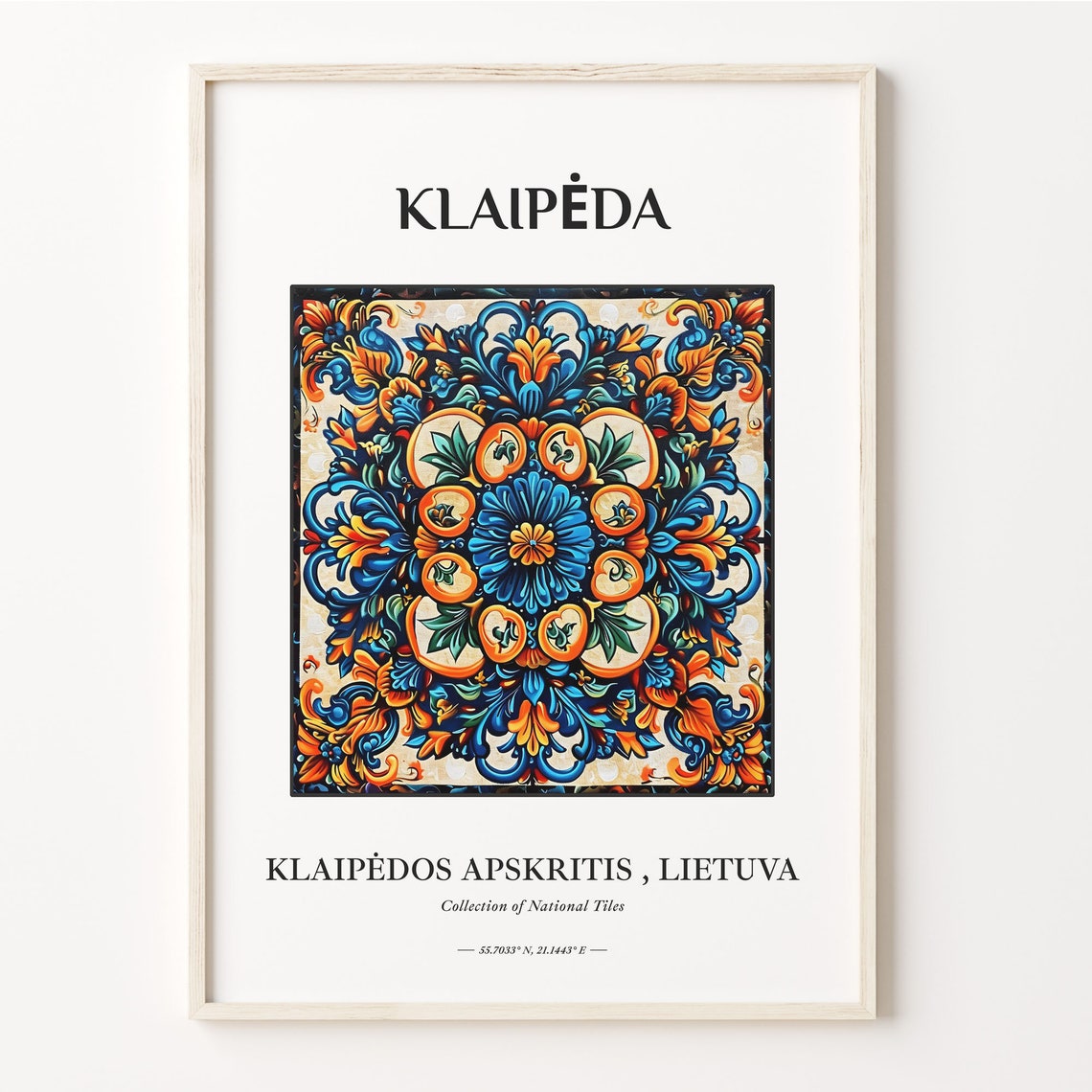 Klaipeda Lithuania Tile Poster with Blue Orange Floral Motif