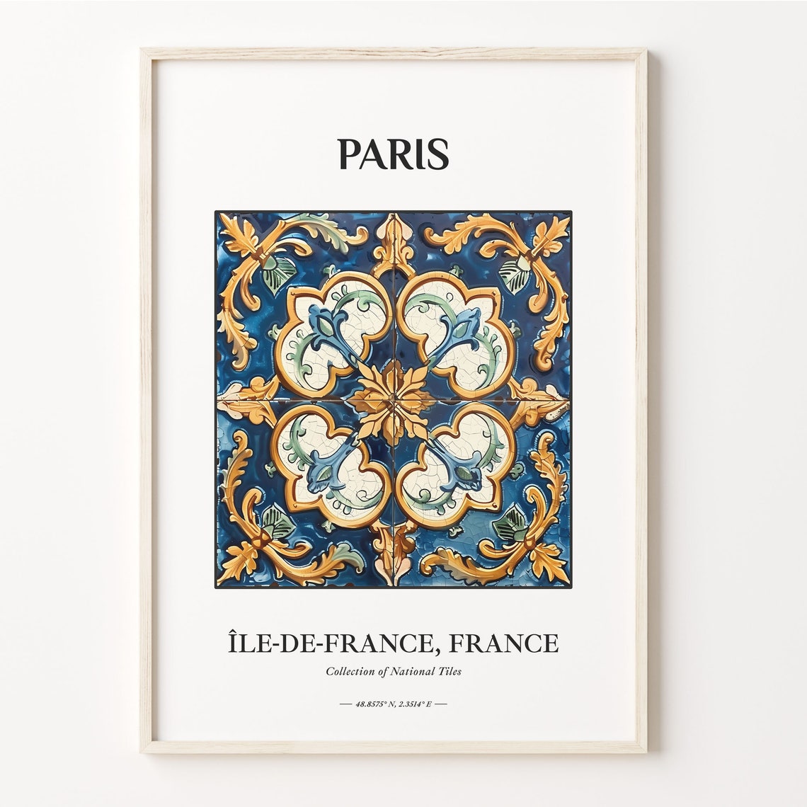 Paris France Blue Ochre Rosette Four Tile Pattern Decor Poster