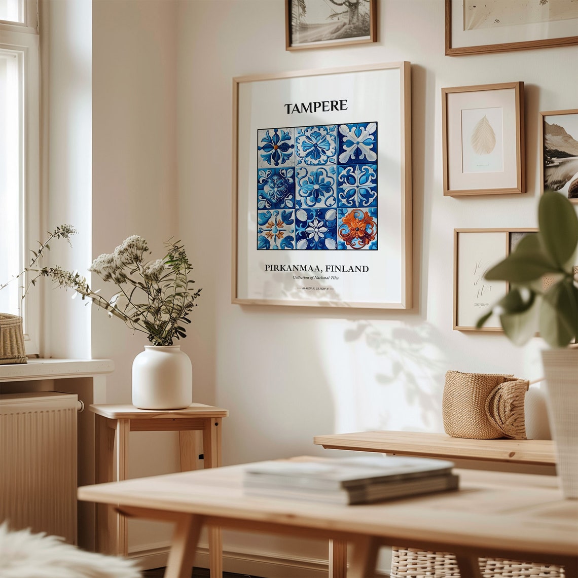 Tampere Finland Tile Poster with Blue White Floral Grid Design - Image 2