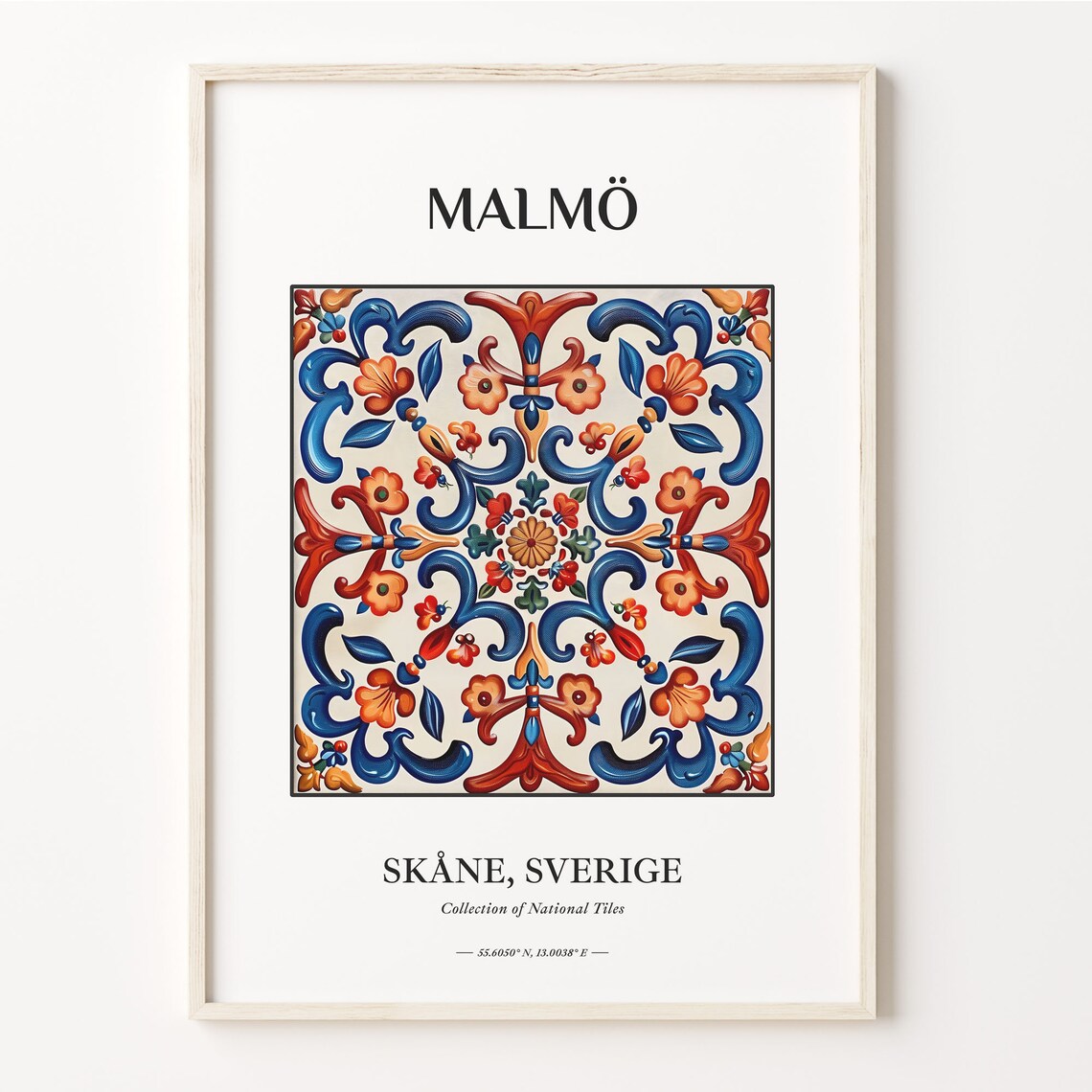 Malmö Sweden Red Blue Scandinavian Folk Floral Tile Art Poster