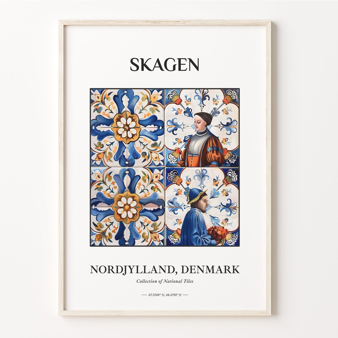 Skagen Denmark Tile Poster with Folk Costumes and Floral Motifs