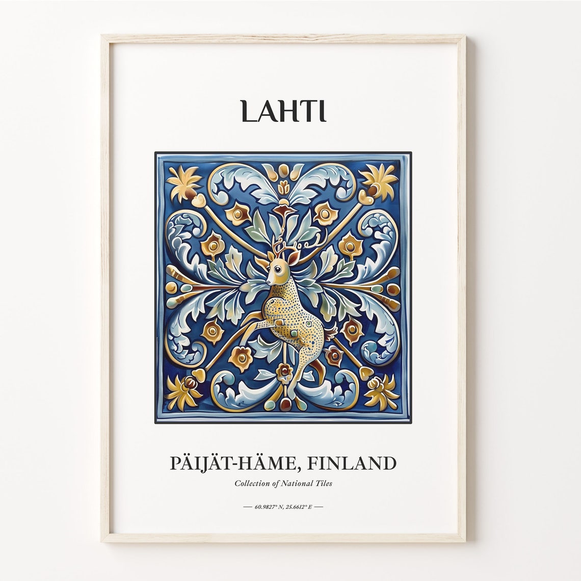 Lahti Finland Leaping Deer Folk Traditional Tile Pattern Poster