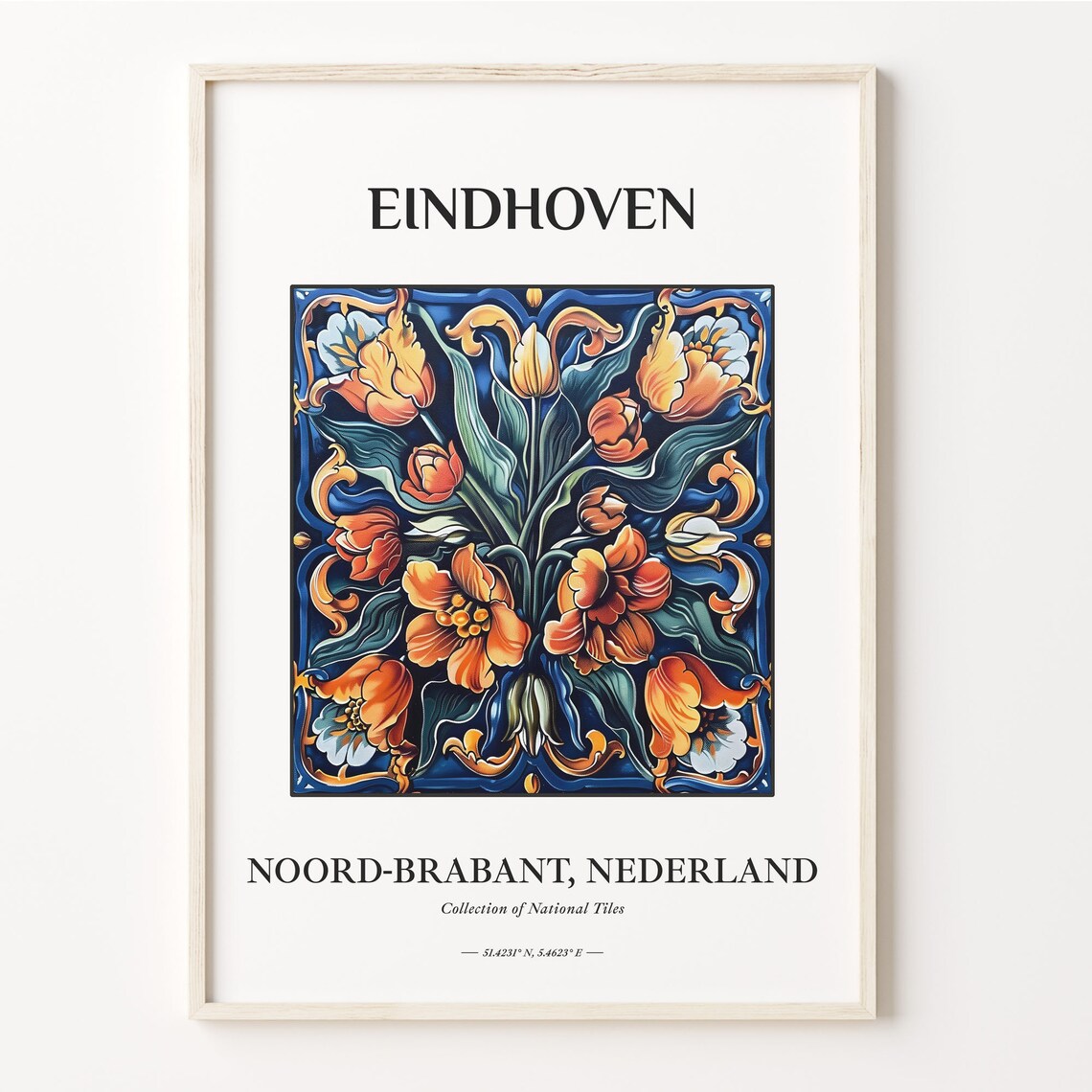 Eindhoven Netherlands Tulip Floral Orange Blue Tile Art Poster