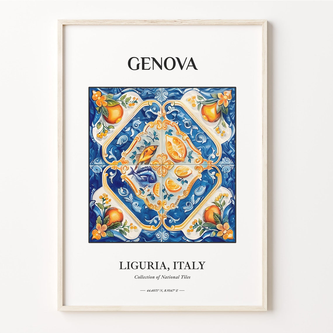 Genova Italy Blue Citrus Fish Tile Ligurian Coast Art Poster