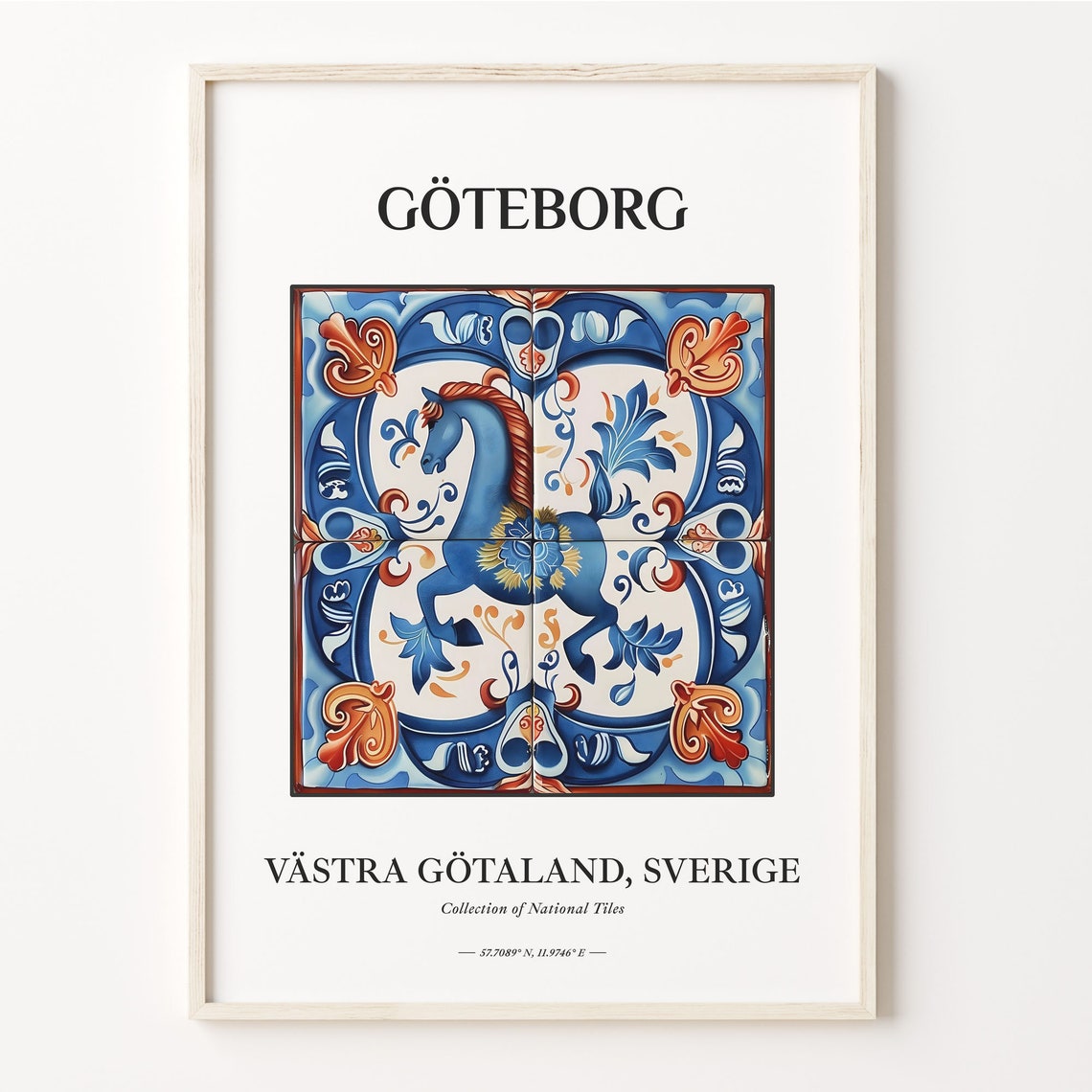 Goteborg Sweden Dala Horse Tile Poster with Blue Folk Art Style