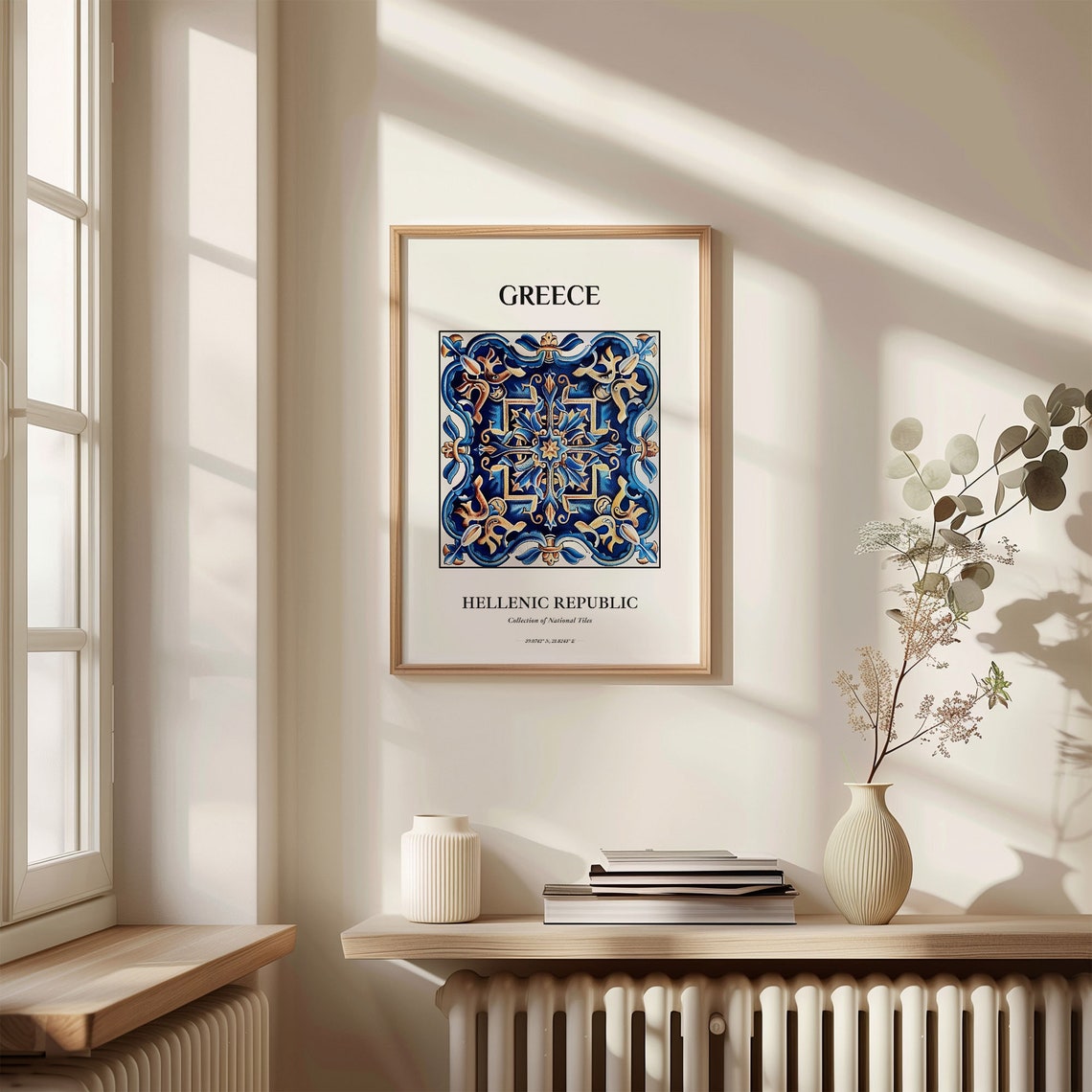 Greece Hellenic Republic Cobalt Blue Gold Star Cross Tile Art Poster - Image 3