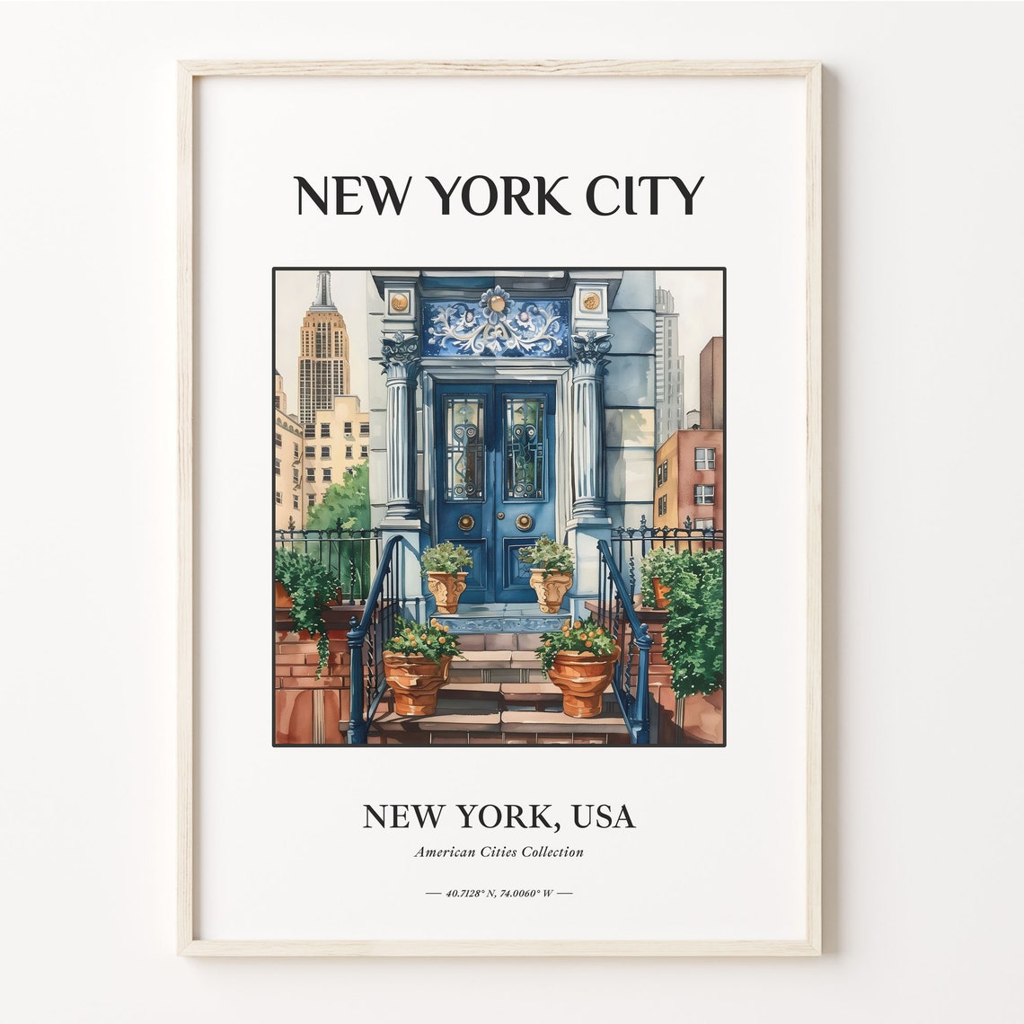 New York City Brownstone Blue Door Watercolor Travel Wall Poster