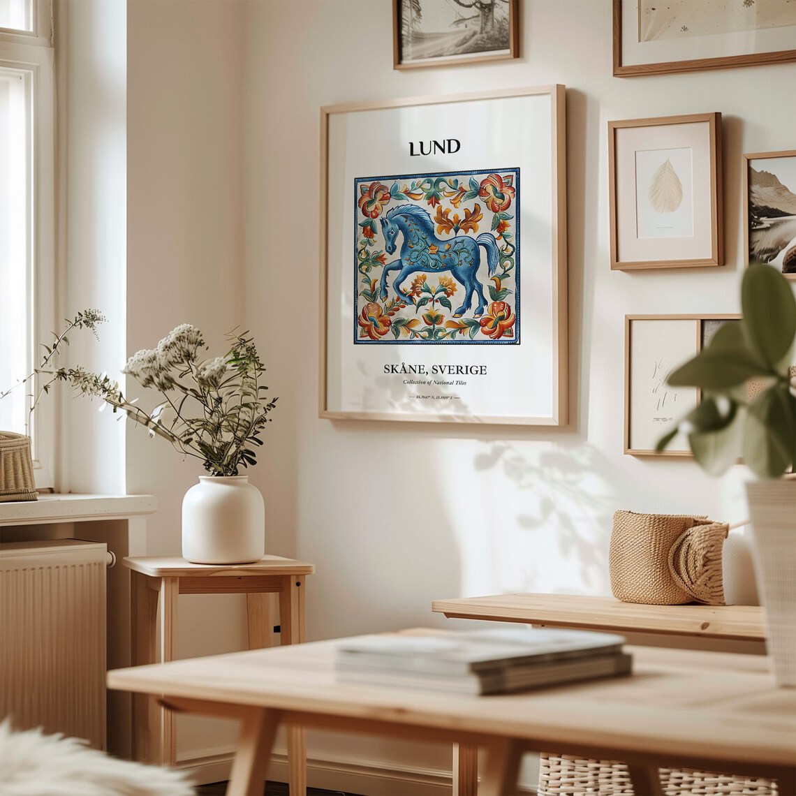 Lund Sweden Blue Dala Horse Folk Floral Tile Wall Decor Poster - Image 2