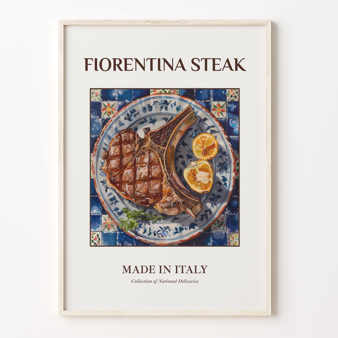 Fiorentina Steak Italian Food Print with Majolica Tile Border Design