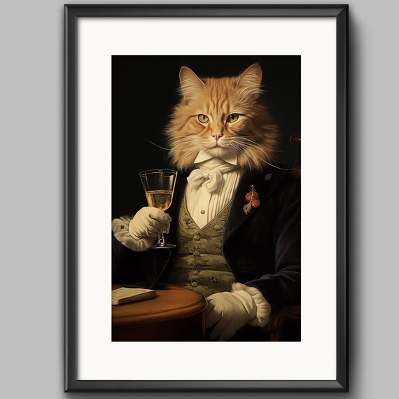 Gentleman Ginger Cat Drinking Wine Tuxedo Vintage Oil Painting Poster