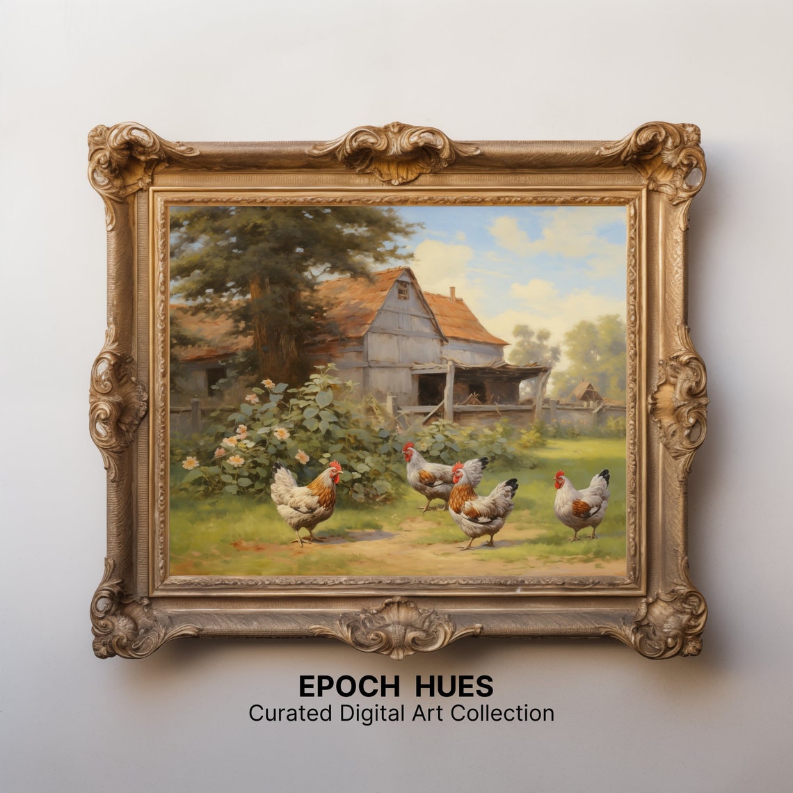 Four Chickens In A Sunny Farmyard Rustic Barn Scene Art Print - Image 3