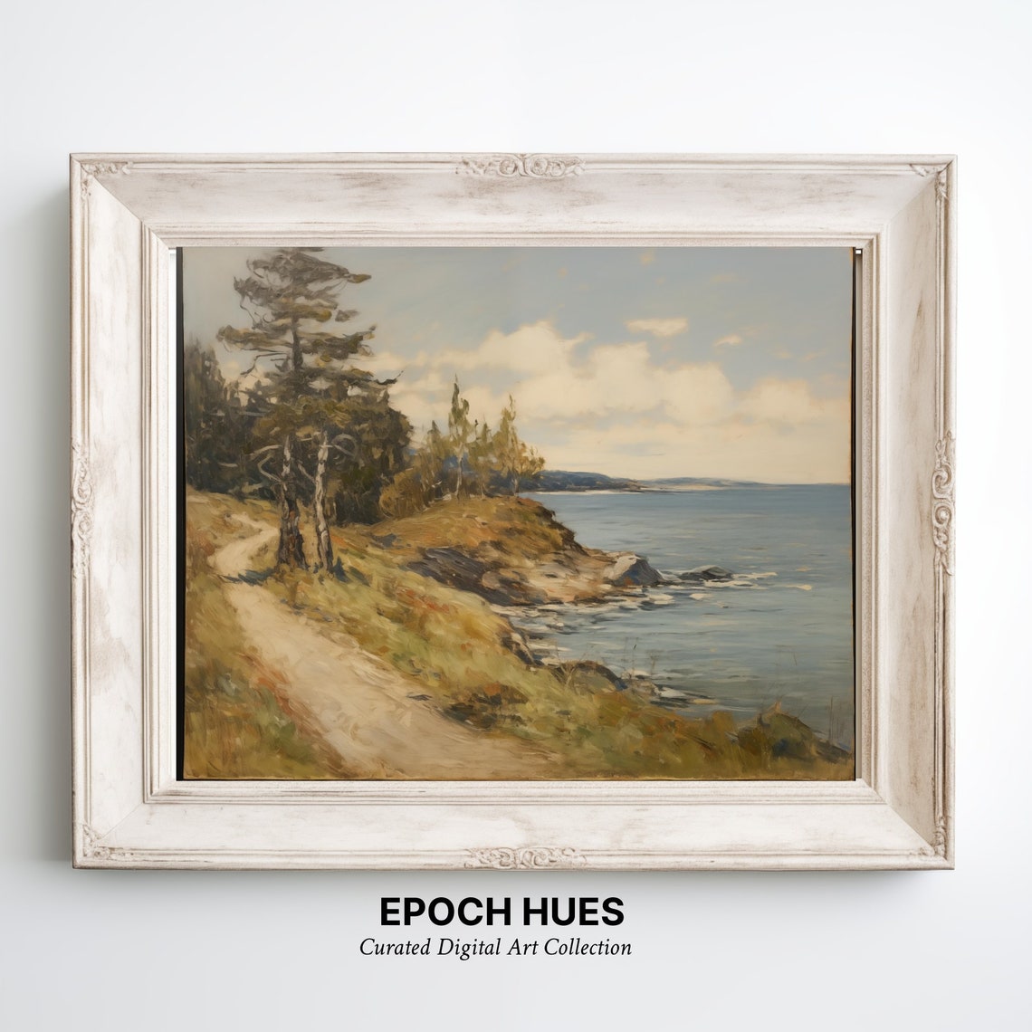 Coastal Cliff Path Pine Trees Ocean View Serene Painting Poster