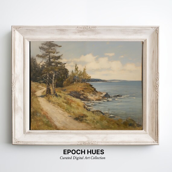 Coastal Cliff Path Pine Trees Ocean View Serene Painting Poster