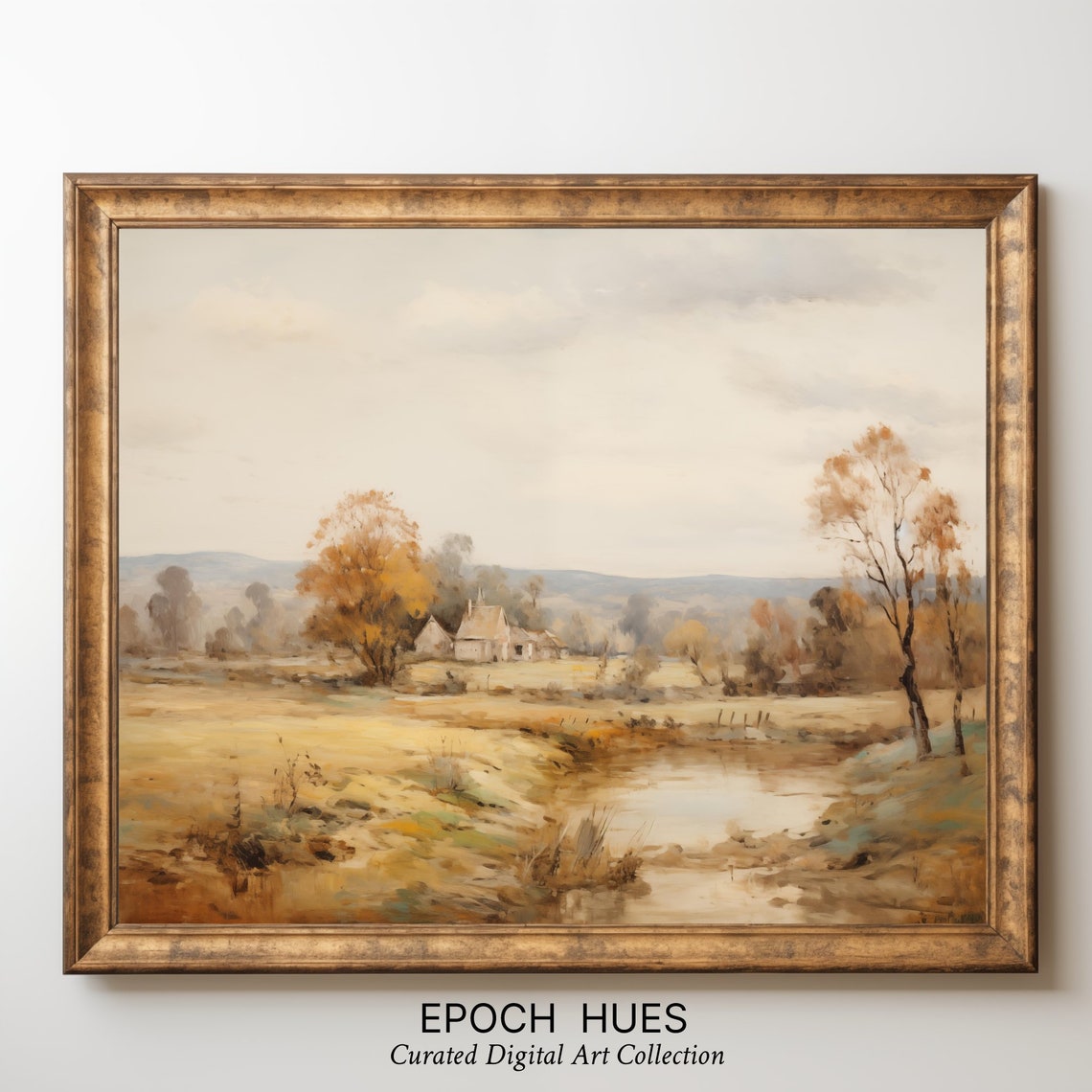 Golden Autumn Countryside Farmhouse Stream Rustic Landscape Poster - Image 3