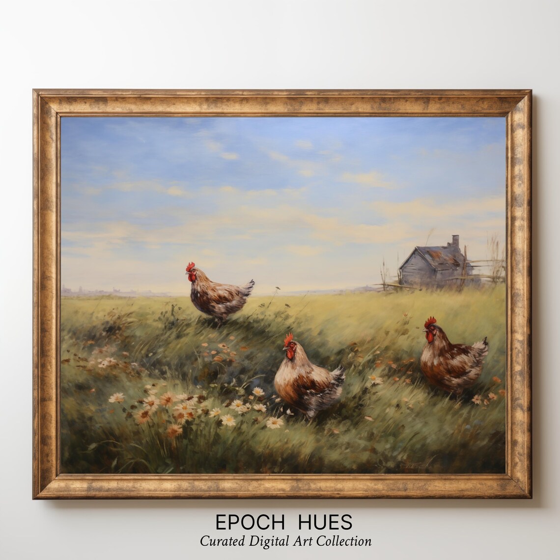 Three Chickens In A Daisy Meadow Pastoral Farm Scene Art Poster