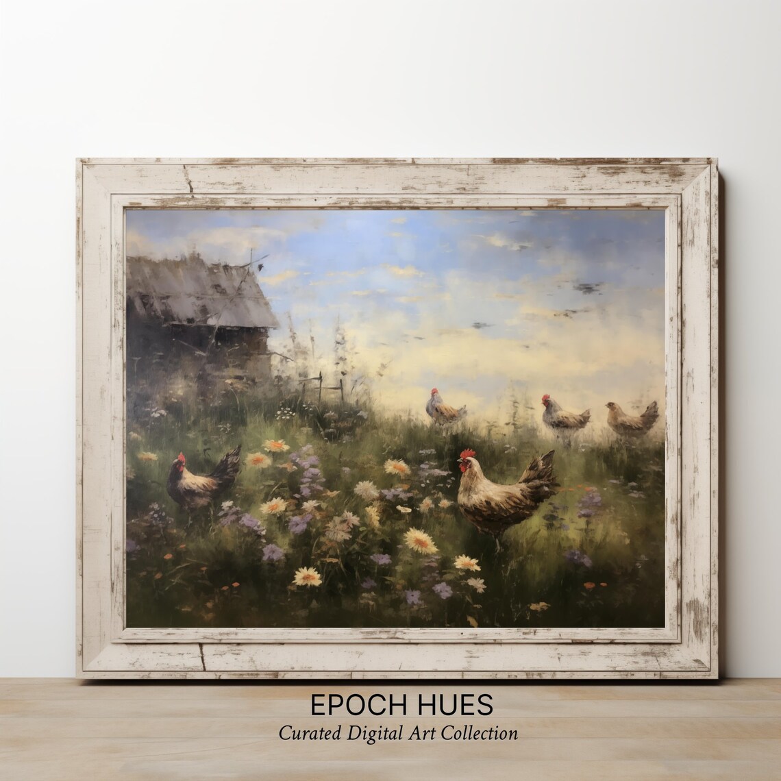 Hens Scattered in Wildflower Meadow Old Barn Rustic Country Poster