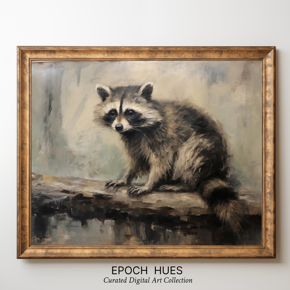 Curious Raccoon Sitting on Log Vintage Wildlife Painting Poster