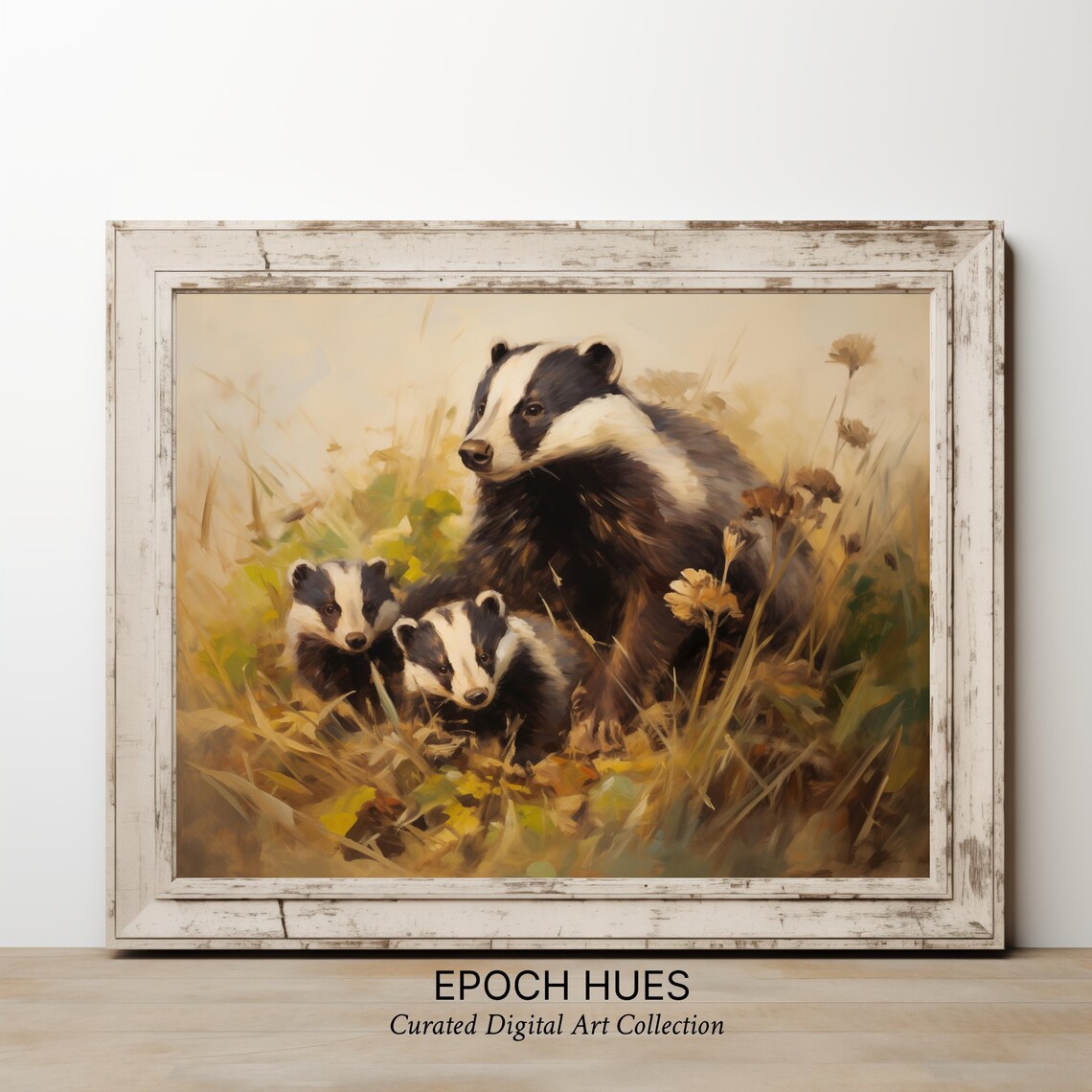 Badger Mother With Two Cubs In Tall Grass Woodland Art Poster