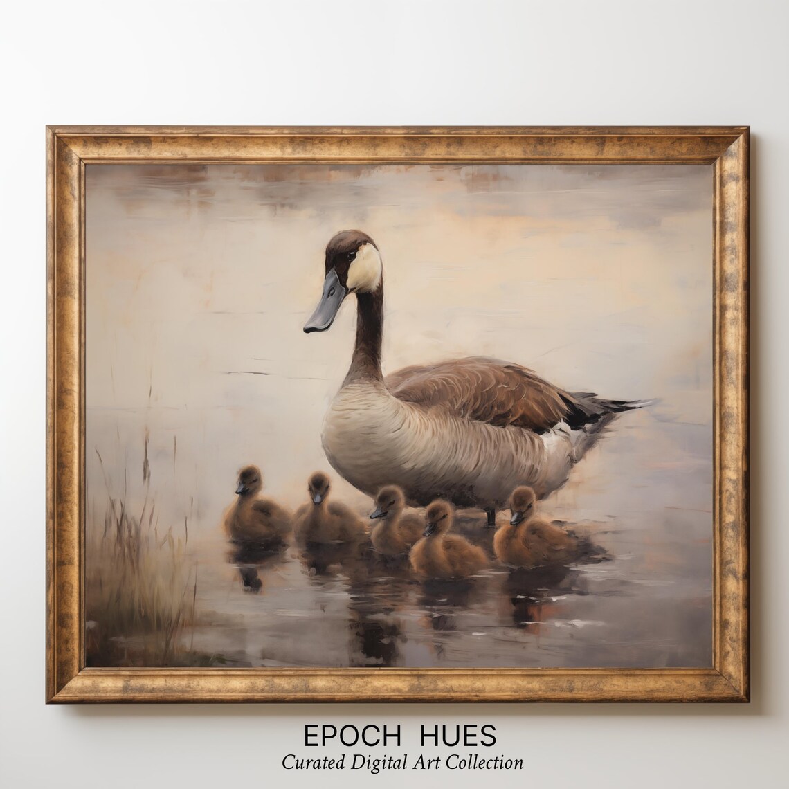 Mother Goose With Goslings Misty Water Wildlife Painting Poster