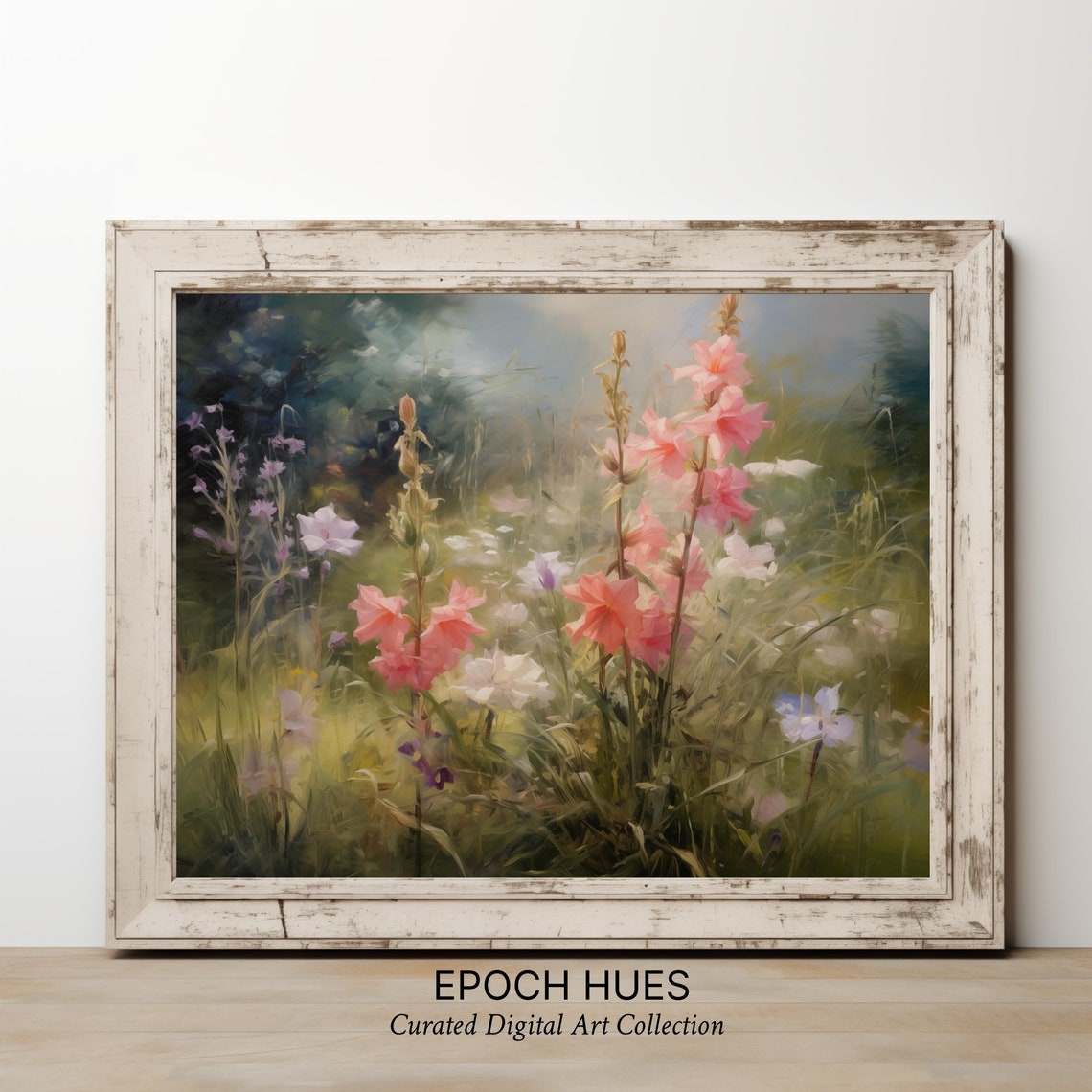 Pink Gladiolas in Sunlit Wildflower Meadow Impressionist Poster - Image 3