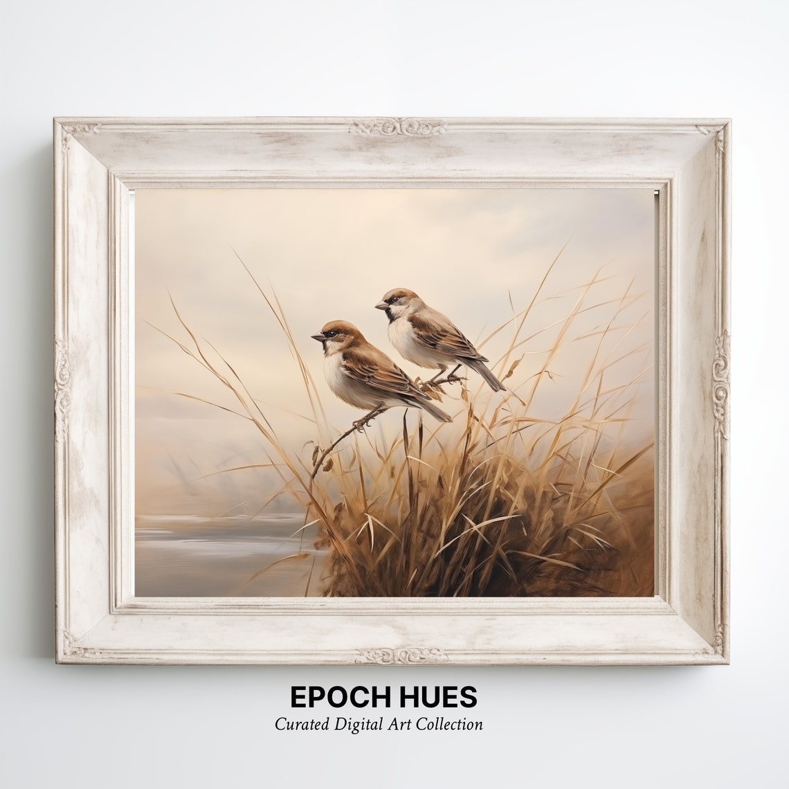 Two Sparrows On Golden Reeds Lakeside Wildlife Painting Wall Art - Image 3