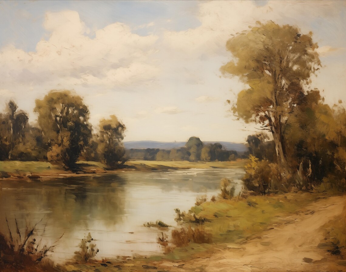 Vintage Landscape Painting, Classic River Scene - Image 2