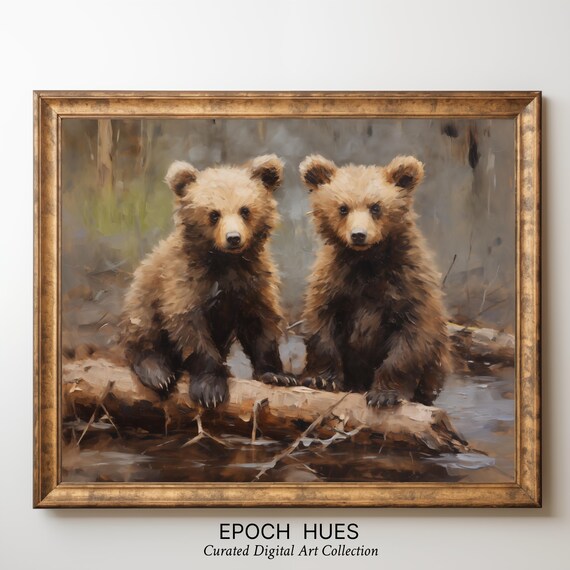 Two Fluffy Bear Cubs on Forest Log by Stream Wildlife Poster
