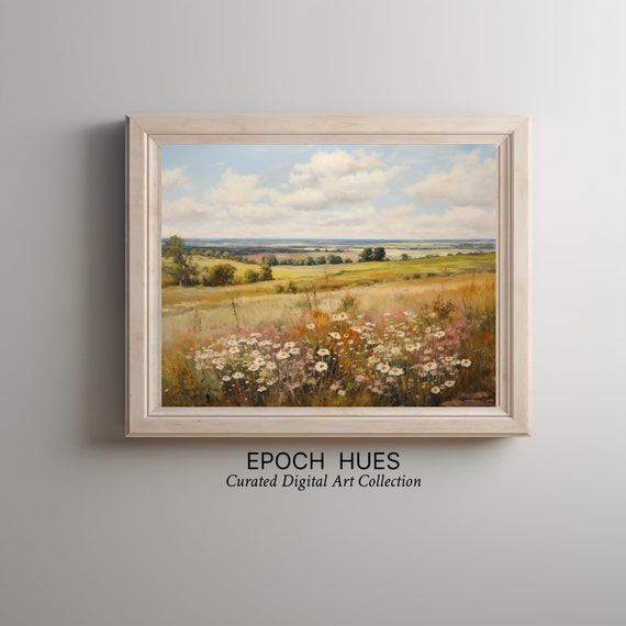 Rustic Landscape Painting Countryside Fields Instant Wall Art Nature Decor Vibrant Meadow Scenery