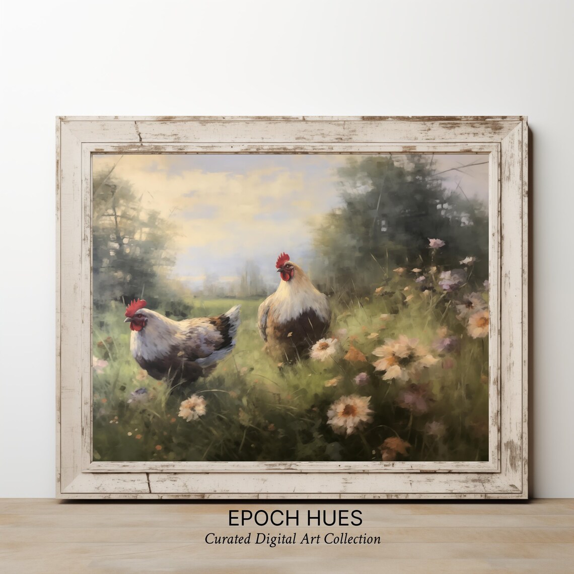Pair of Hens in Flower Meadow Rustic Farmhouse Painting Poster - Image 2