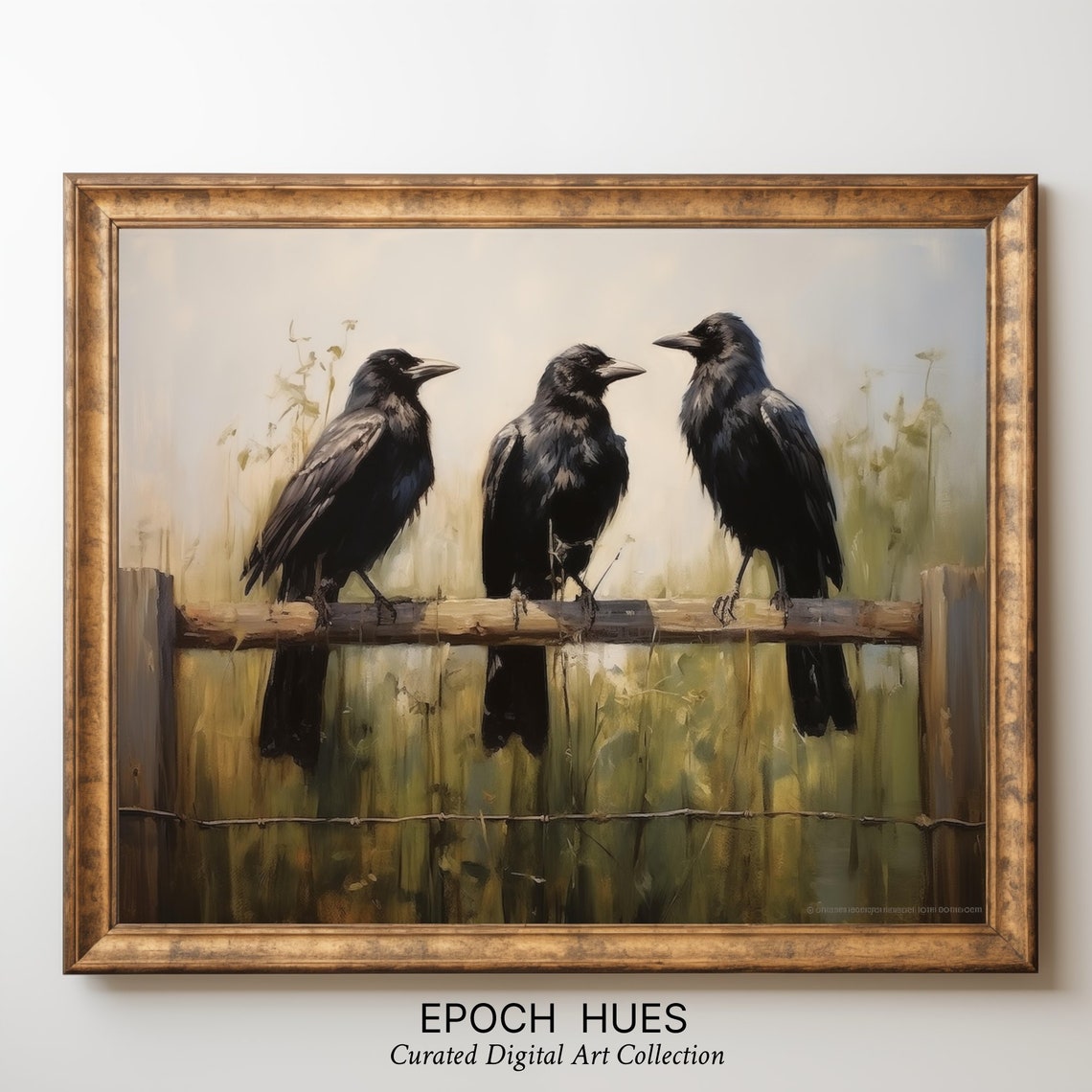 Three Crows Perched on Wooden Fence Rustic Wildlife Art Poster