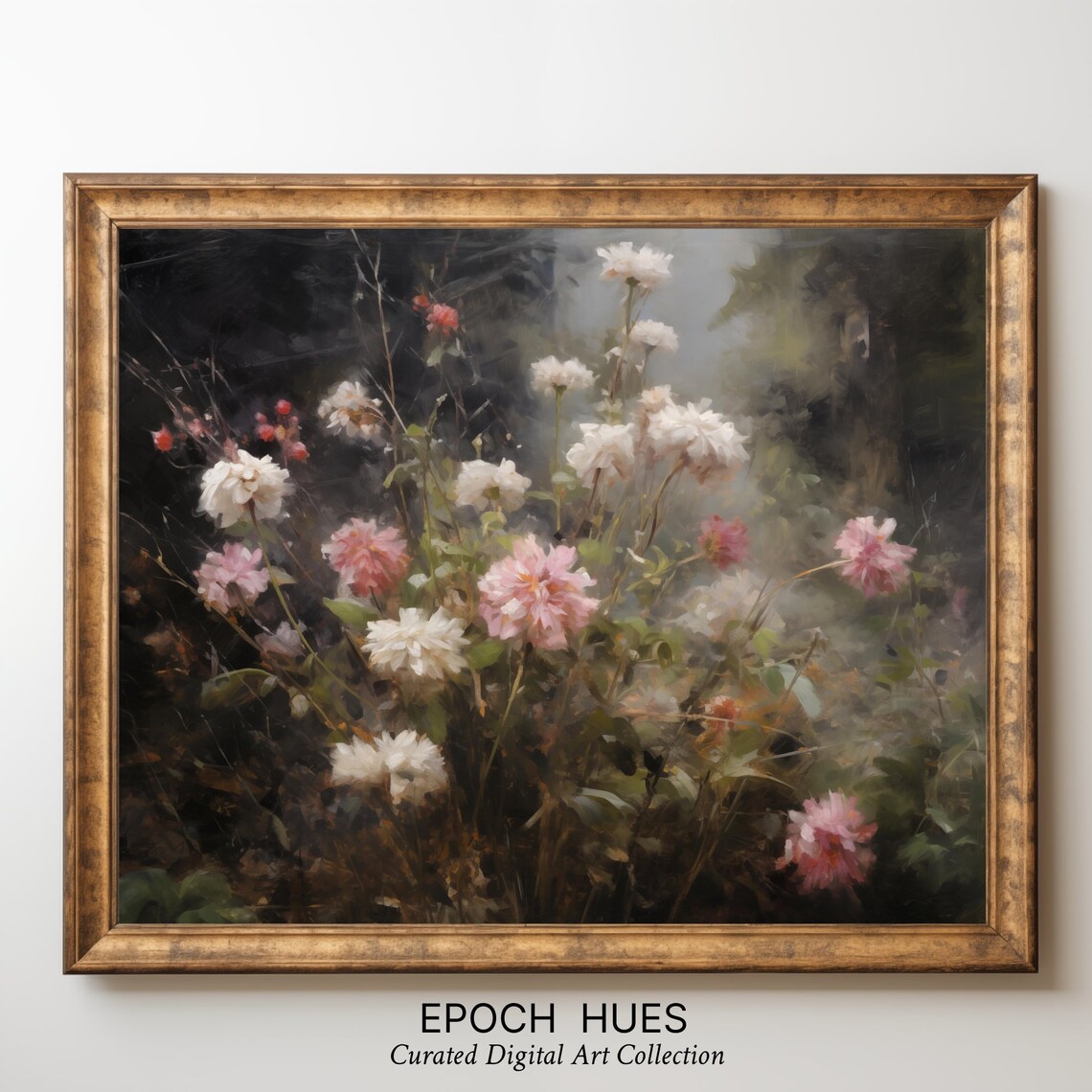 White and Pink Dahlias in Misty Dark Garden Floral Painting Poster