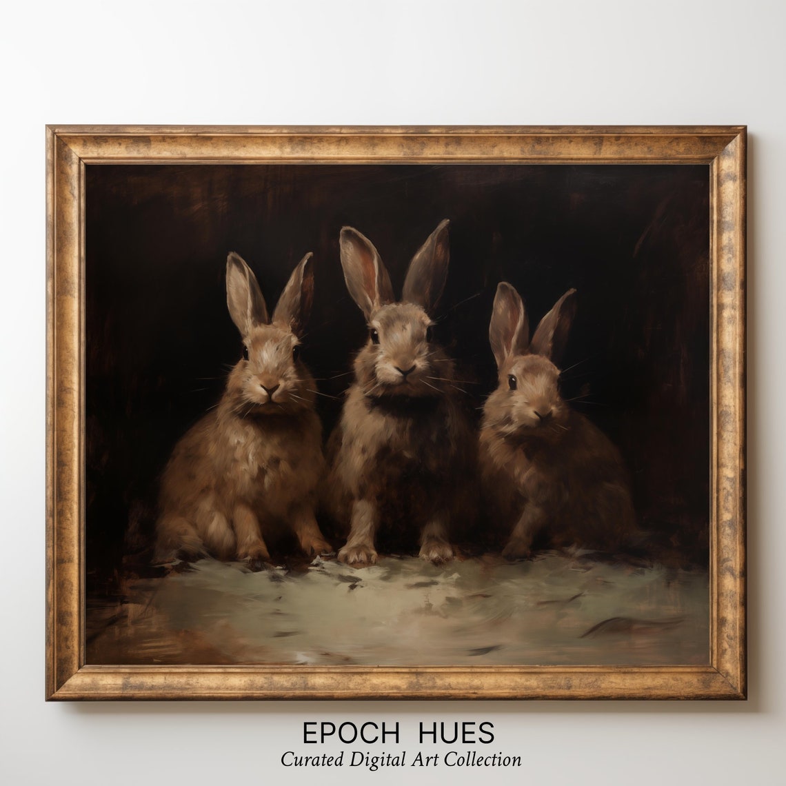 Three Brown Rabbits Sitting in a Row Vintage Bunny Painting Poster - Image 3