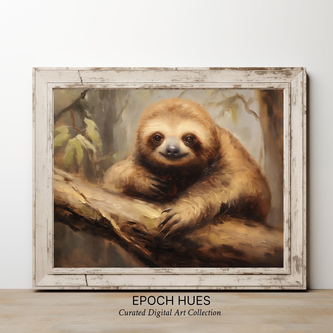 Smiling Sloth Resting on Tree Branch Adorable Jungle Art Poster - Image 2