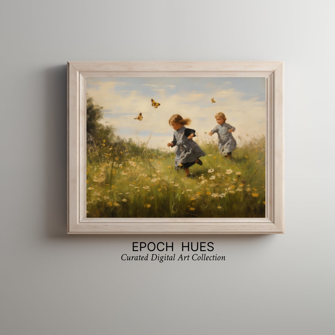 Children Chasing Butterflies in Wildflower Meadow Joyful Art Poster - Image 2