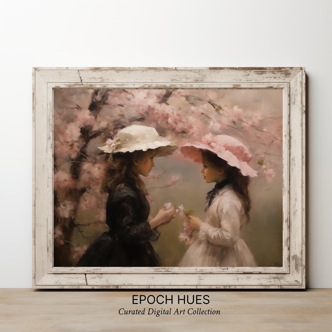 Two Girls in Bonnets Among Cherry Blossoms Spring Painting Poster - Image 3