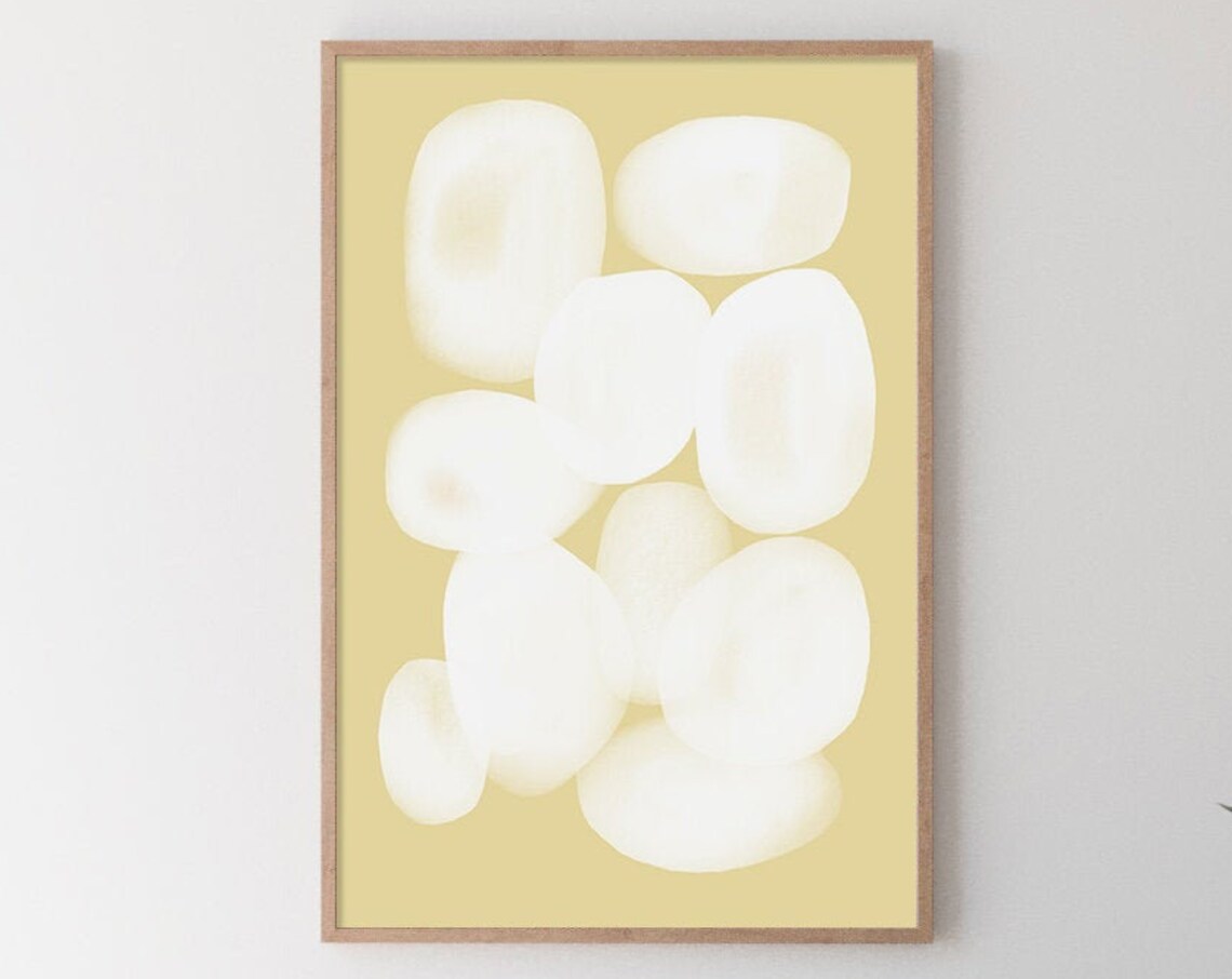 White Pebble Shapes on Mustard Yellow Soft Organic Abstract Art Poster