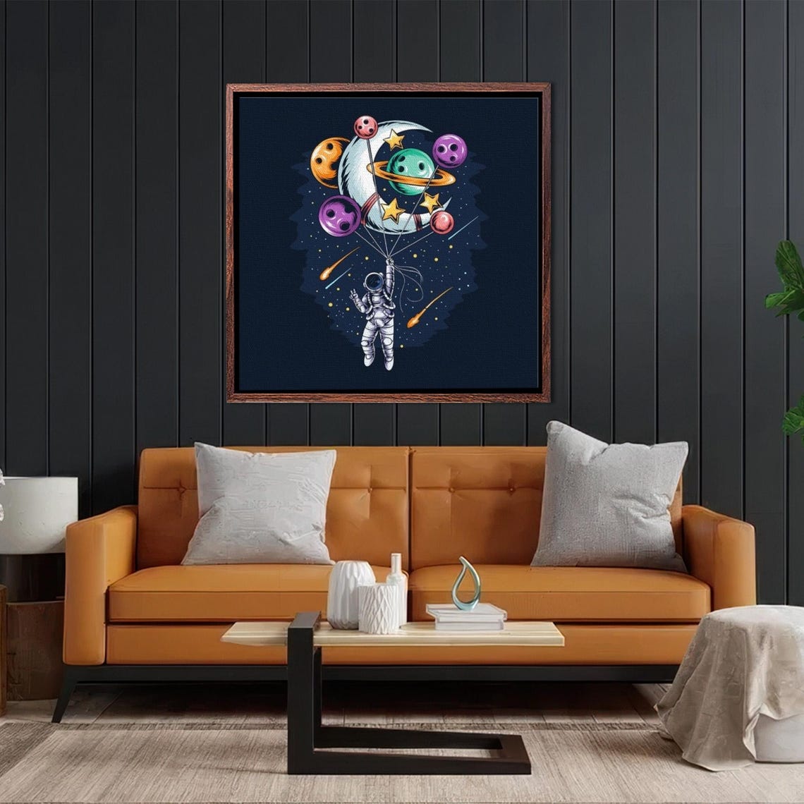 Astronaut with Colorful Planet Balloons Crescent Moon Space Poster - Image 2
