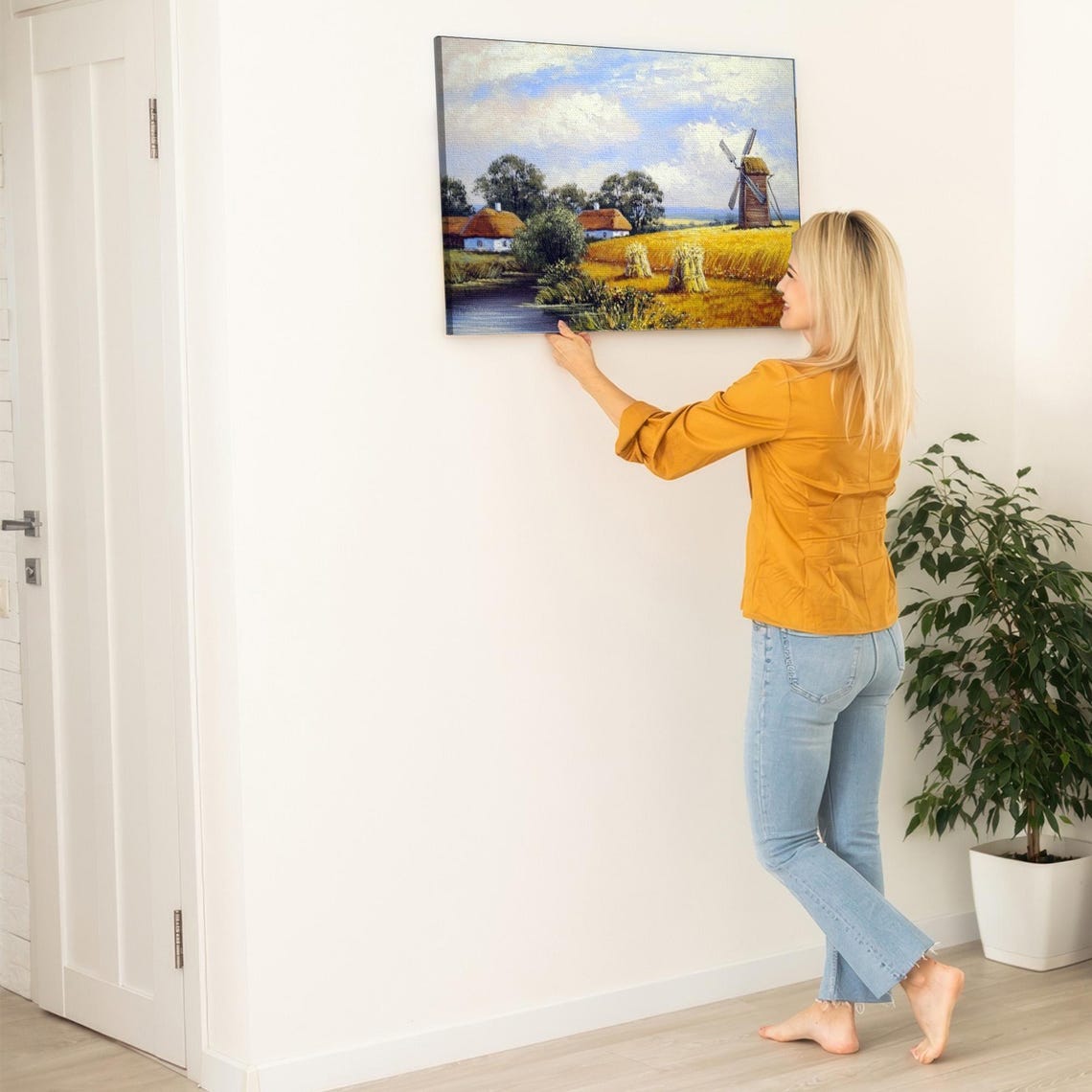 Golden Wheat Field And Windmill Countryside Oil Painting Poster - Image 5