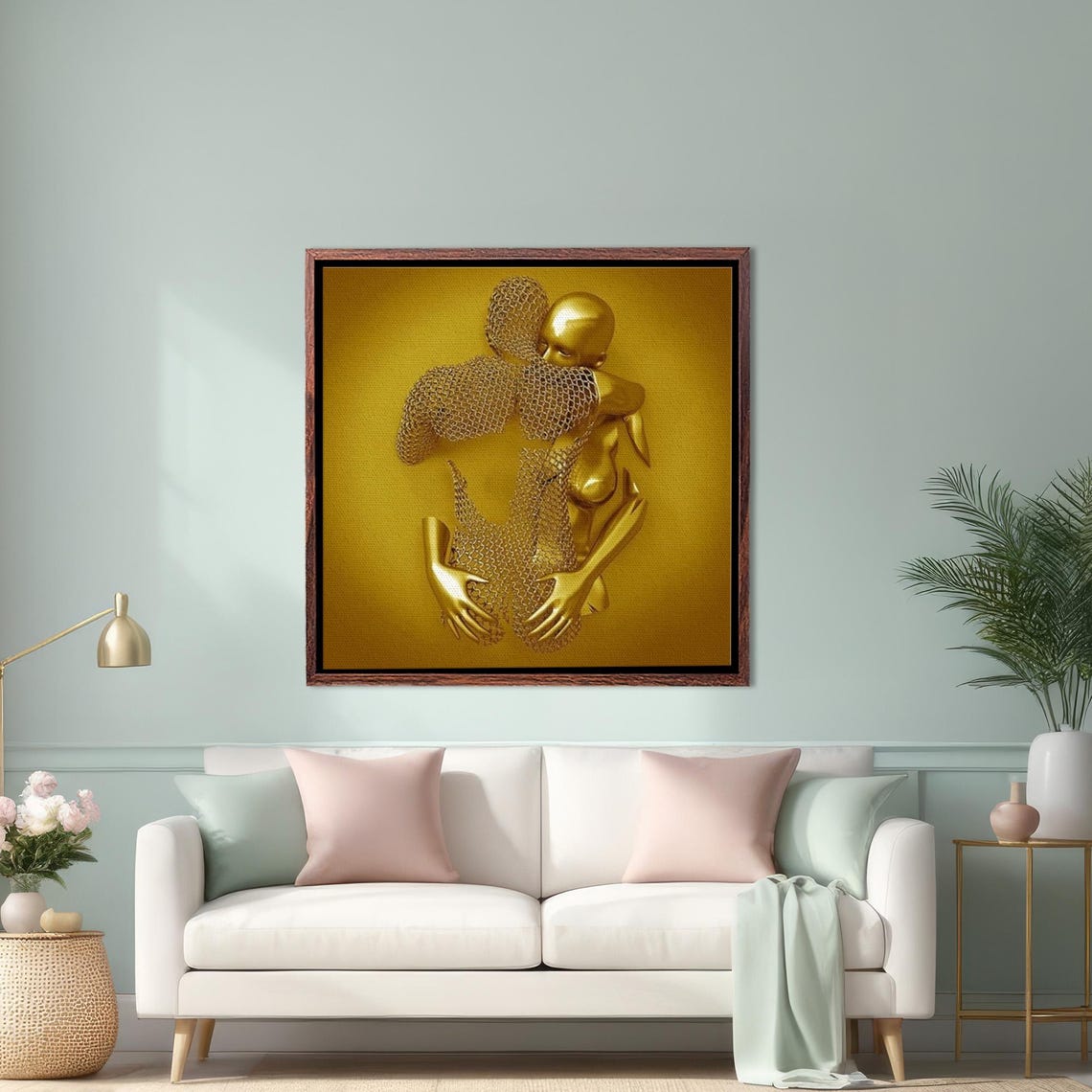 Golden Embracing Couple Sculpture on Gold Metallic Art Poster
