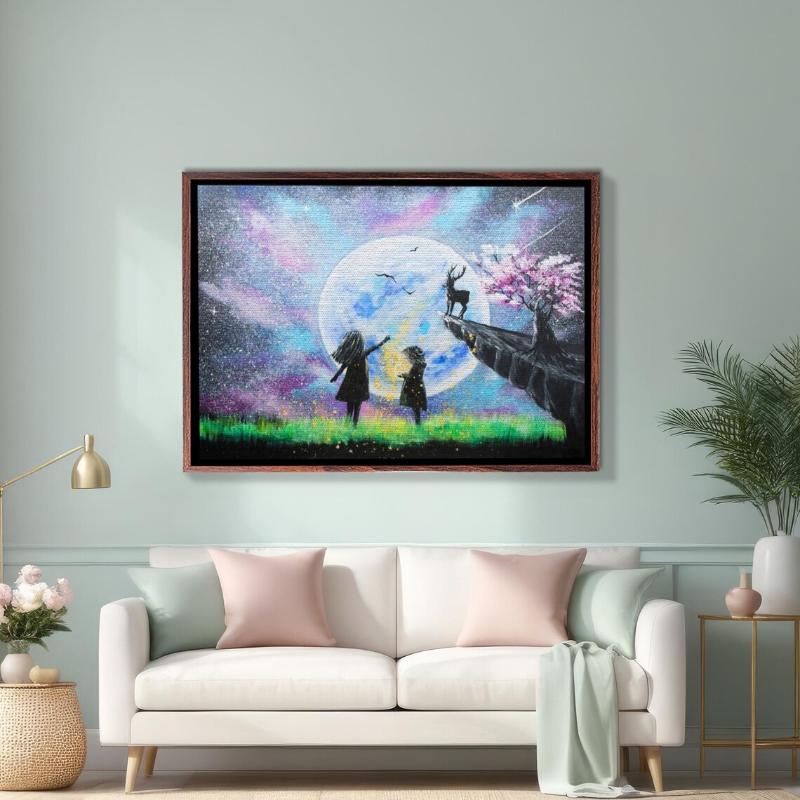 Children Watching Full Moon With Deer Fantasy Night Art Poster