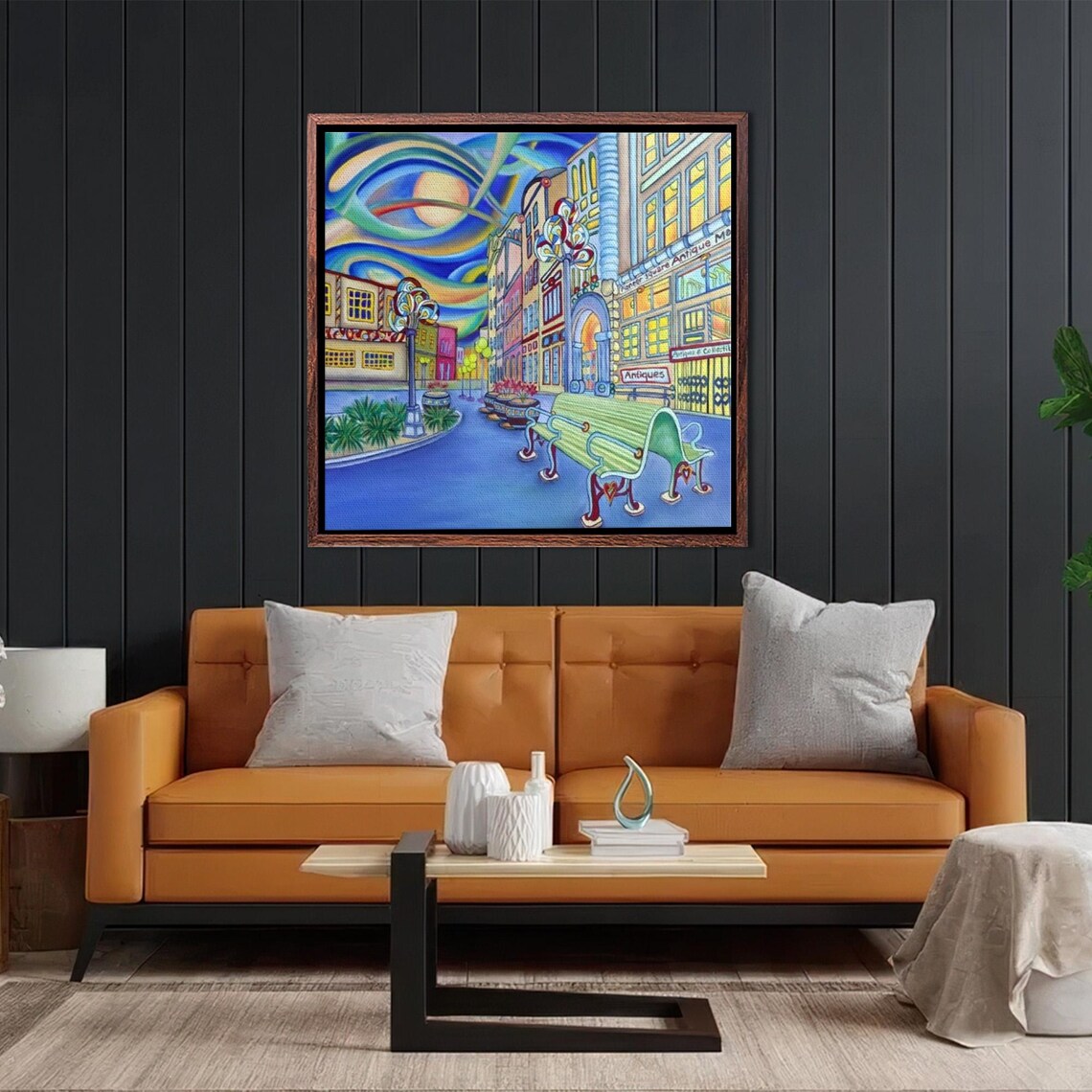 Colorful Illustrated City Street with Benches at Dusk Poster - Image 2