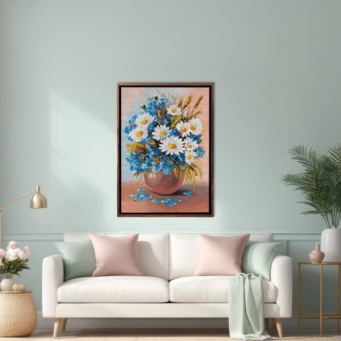 Blue White Wildflowers Terracotta Vase Floral Still Life Poster