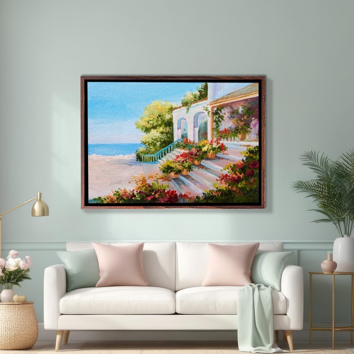 Sunlit Mediterranean Villa Terrace With Flowers Overlooking Sea Poster