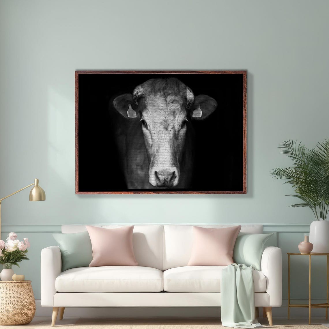 Black and White Cow Portrait on Dark Background Photo Poster