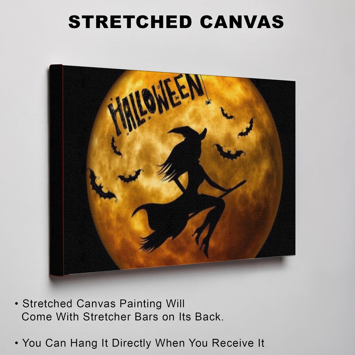 Witch Silhouette Flying Across Full Orange Moon Halloween Poster - Image 3