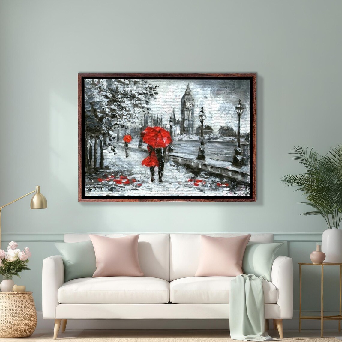 London Big Ben With Red Umbrellas In Rain Street Painting Poster