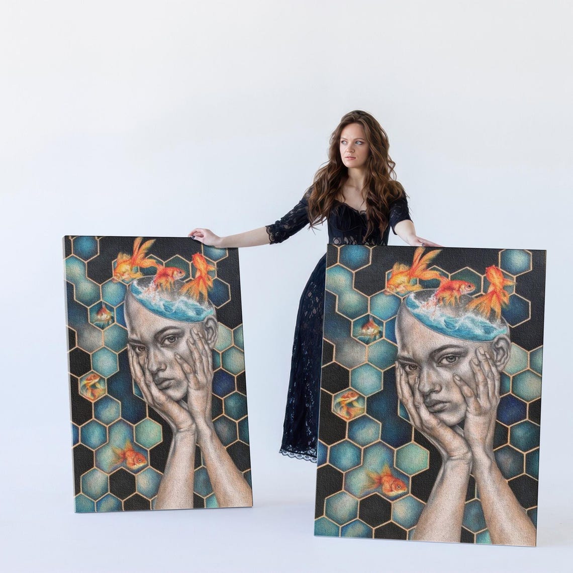 Surreal Woman with Goldfish and Honeycomb Pattern Art Poster - Image 5