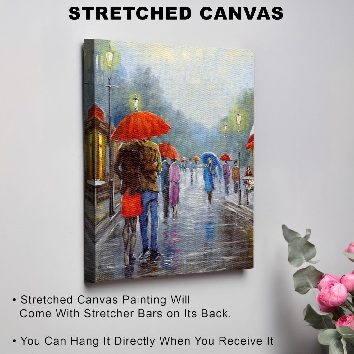 Romantic Couple Under Red Umbrella Walking In Rainy Street Poster - Image 3